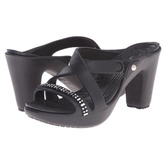 CROCS Shoes - Crocs Cyprus IV Black Rhinestone Stacked Heel Sandals Women's Size 9 202267